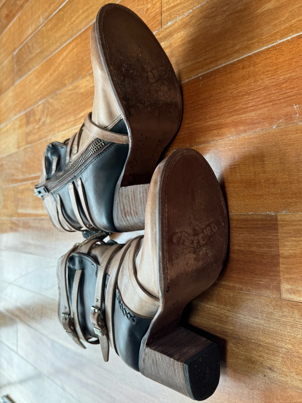 freebird Two-Tone Taupe and Black Leather Heeled Ankle Boots - Picture 5 of 6
